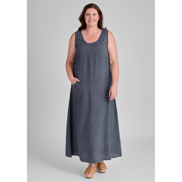 Flax Dresses & Skirts - FLAX Serene Linen Maxi Sleeveless Dress In Slate Grey Size L Lagenlook Coastal